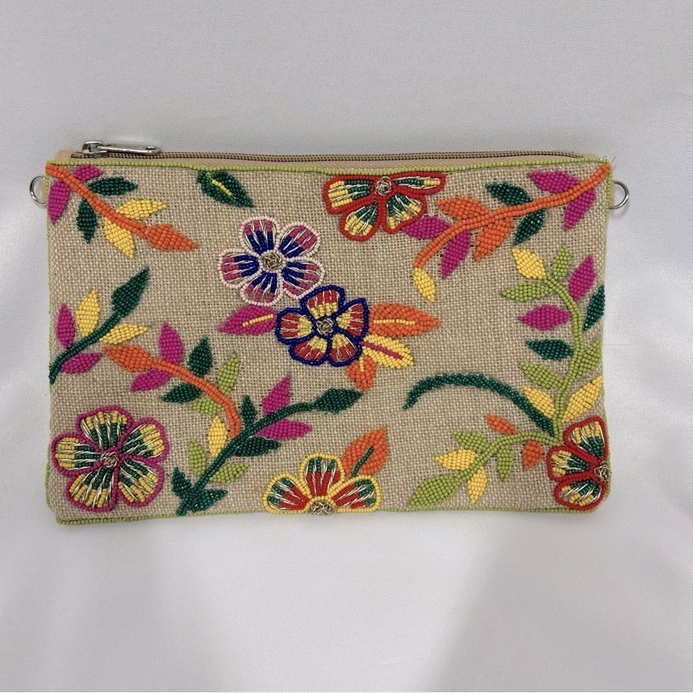 Prep Obsessed | Hand Beaded Floral Burlap Bag Multicolored Flowers Zipper Clutch